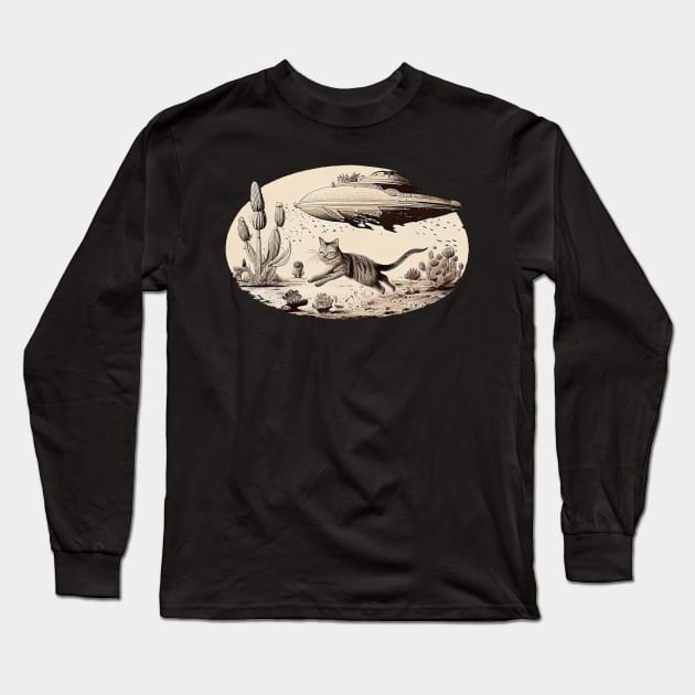 Cat running from UFO Sci-fi Cat lover gift Long Sleeve T-Shirt by One Eyed Cat Design